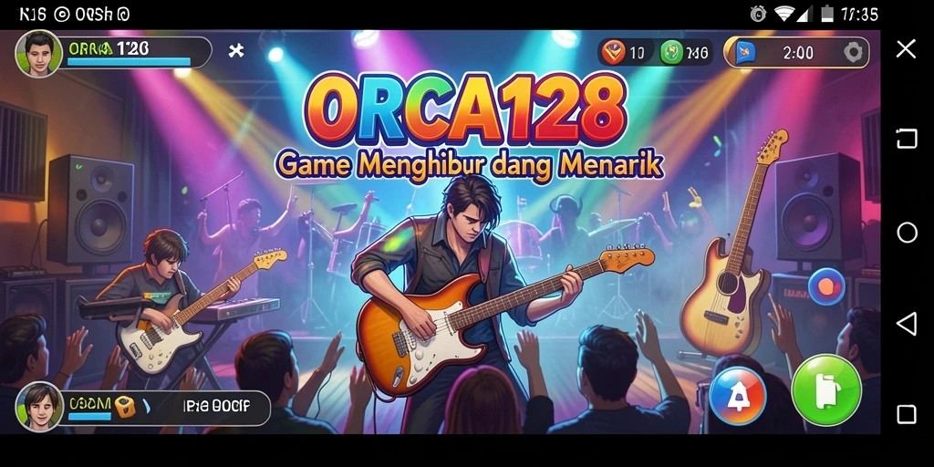 Screenshot ORCA128 menampilkan aksi permainan musik yang dinamis.