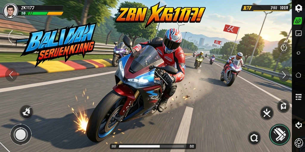 Tampilan gameplay seru di ZK1177 dengan aksi balapan motor.